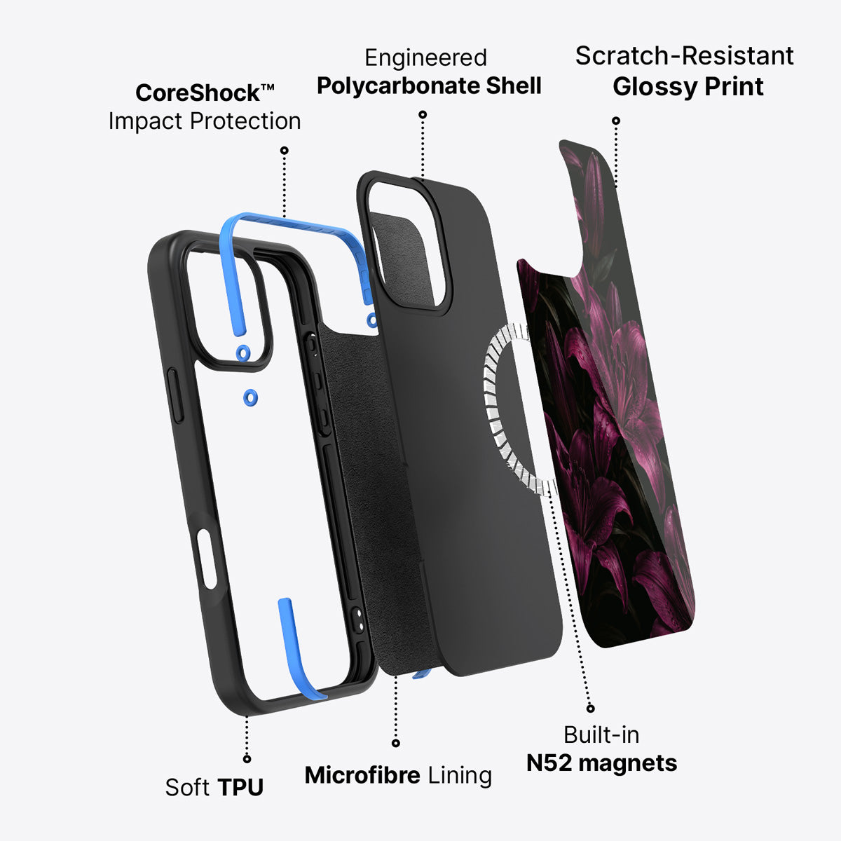 iPhone 16 Pro Max case construction – Burgundy Lily phone case