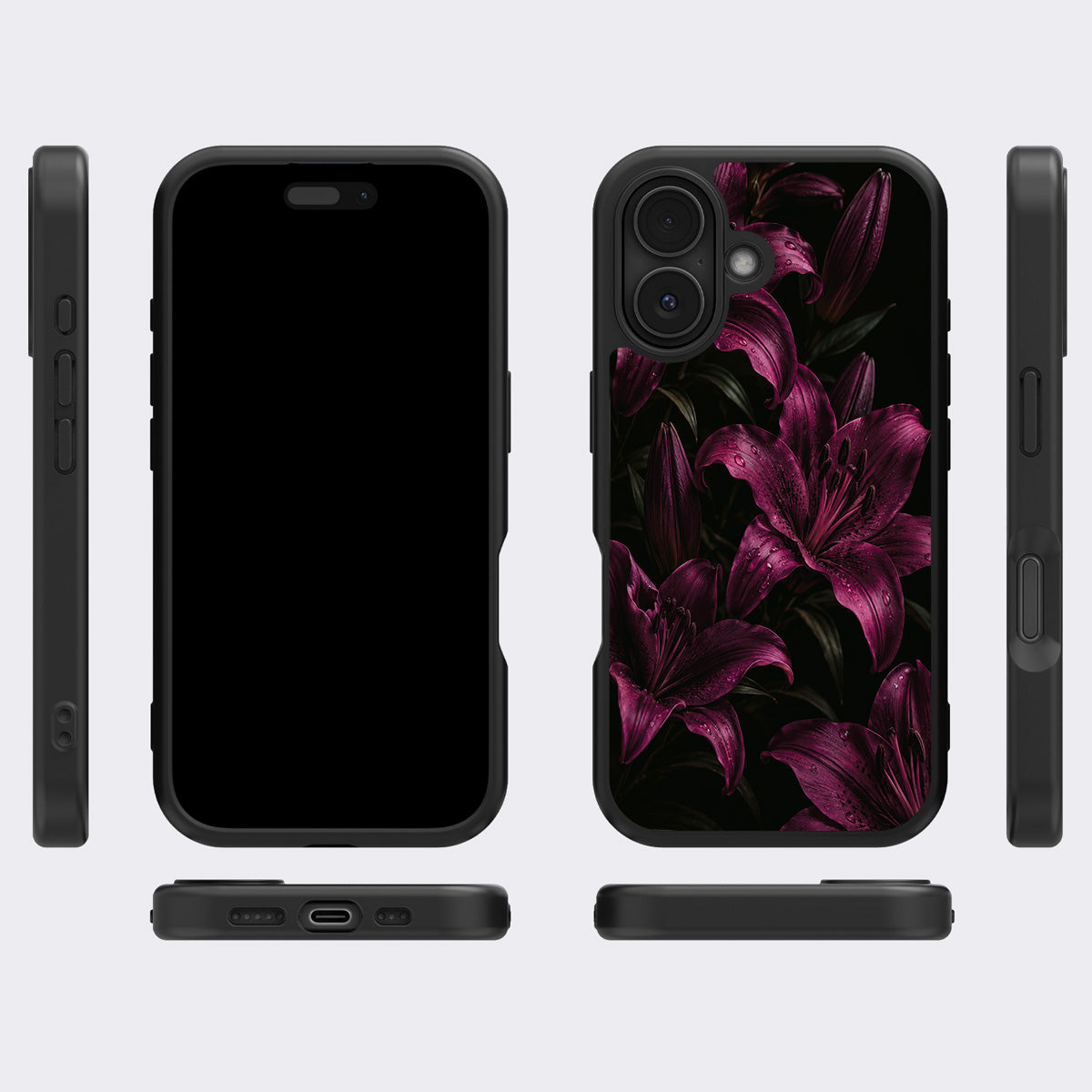 Burgundy Lily iPhone 17 case cover – multi-angle view