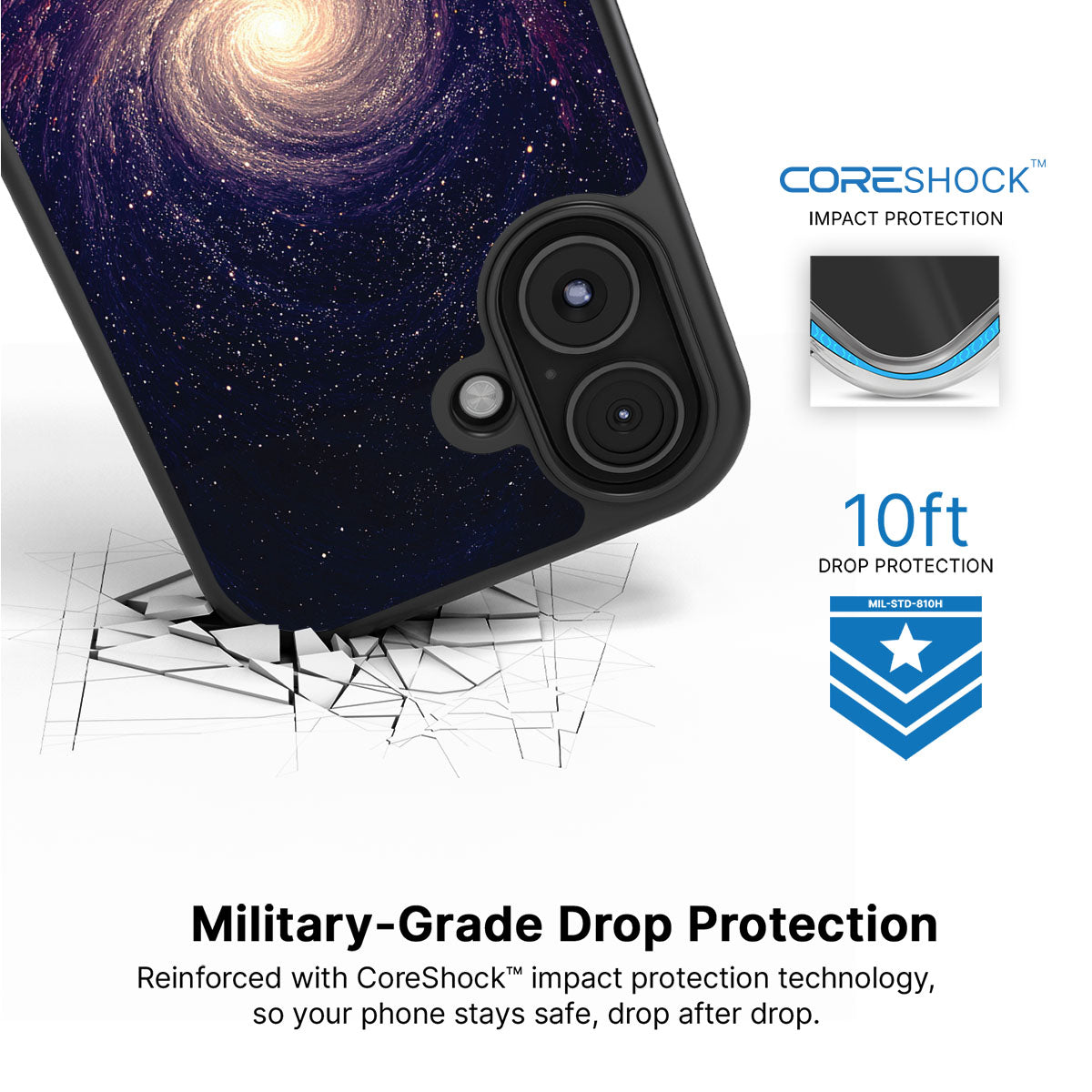 Cosmic Vortex iPhone 17 case with drop protection