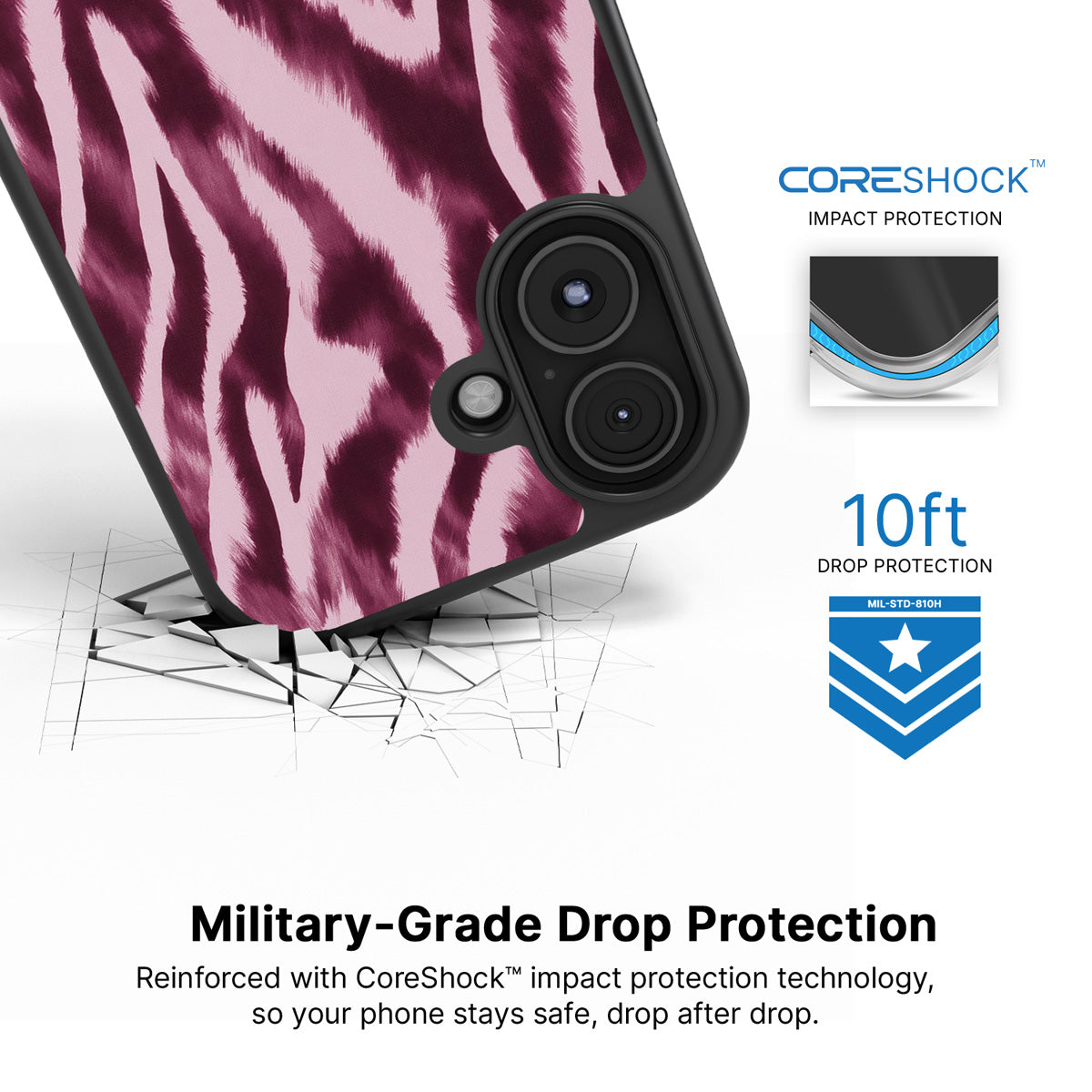 Sangria Zebra iPhone 17 case with drop protection