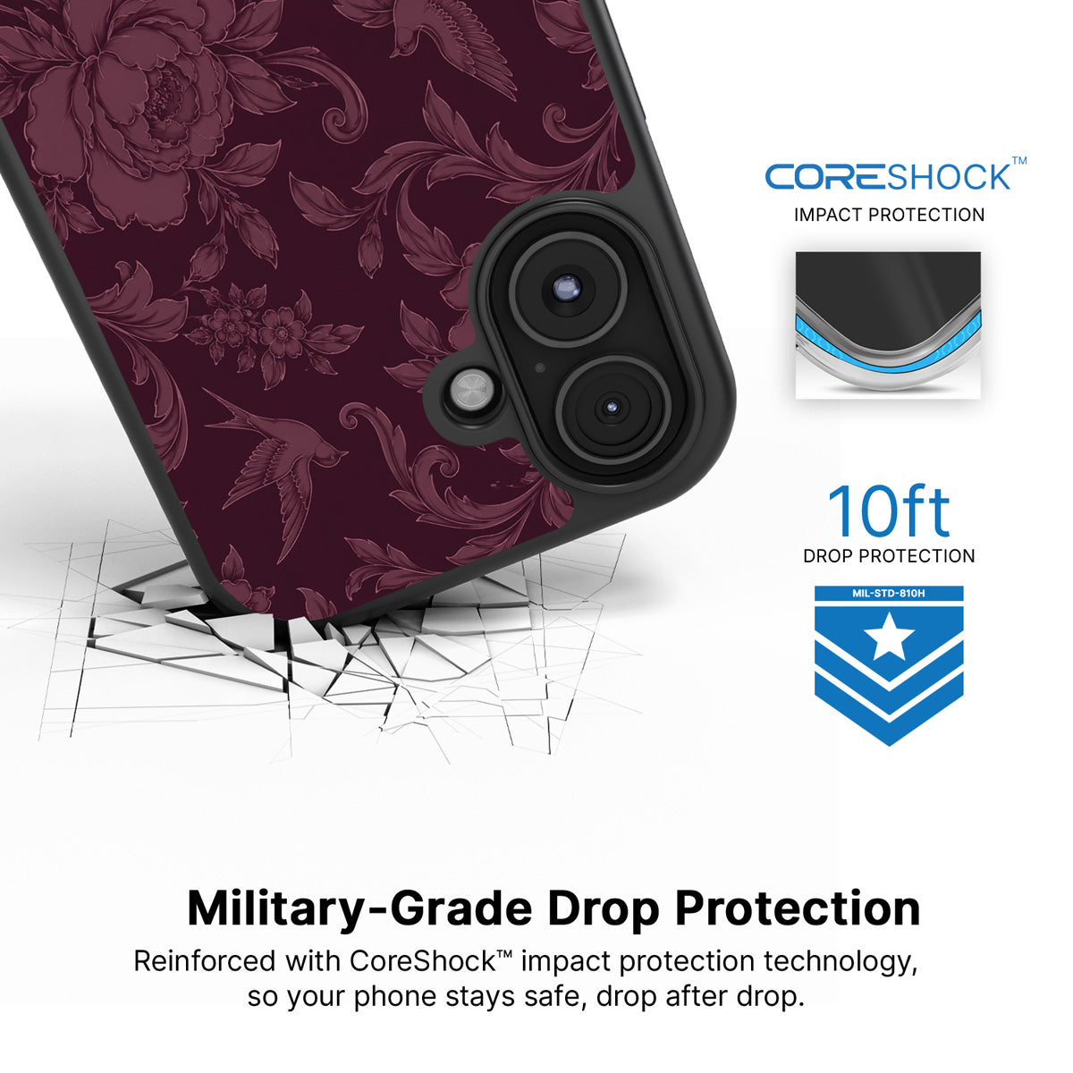 Swallow Damask iPhone 17 case with drop protection