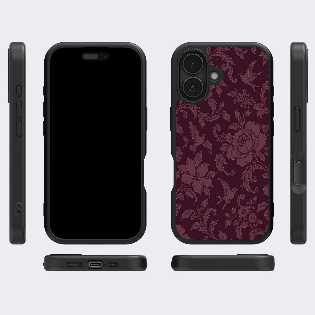 Swallow Damask iPhone 17 case cover – multi-angle view