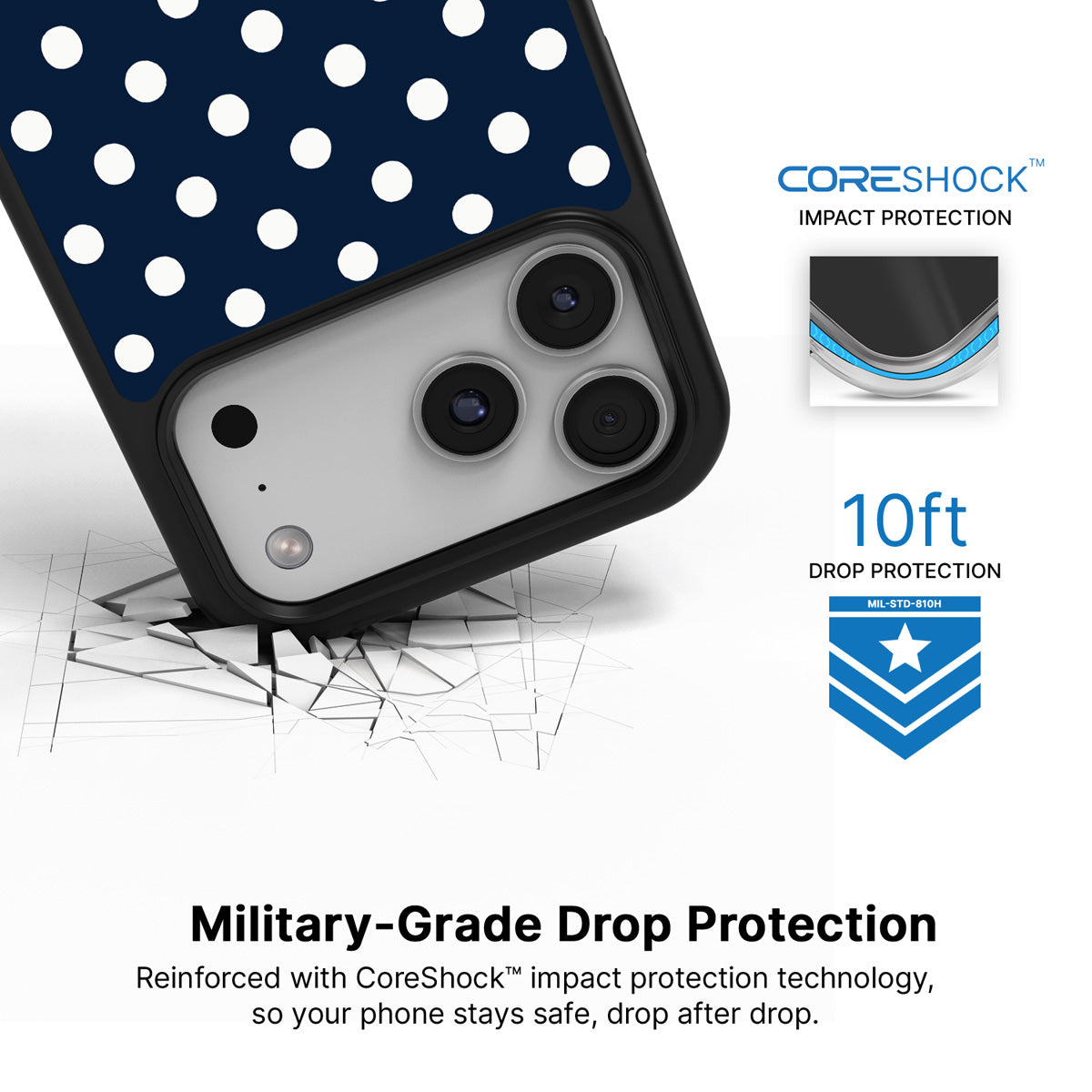 Navy Polka Dot iPhone 17 Pro Case – Deep Sea | MagSafe