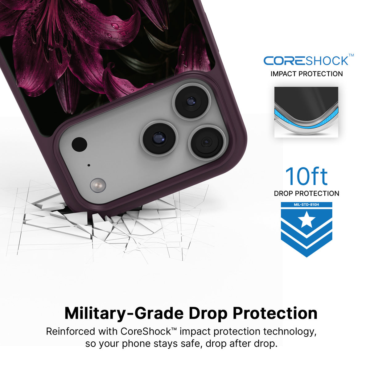 Burgundy Lily iPhone 17 Pro Max case with drop protection