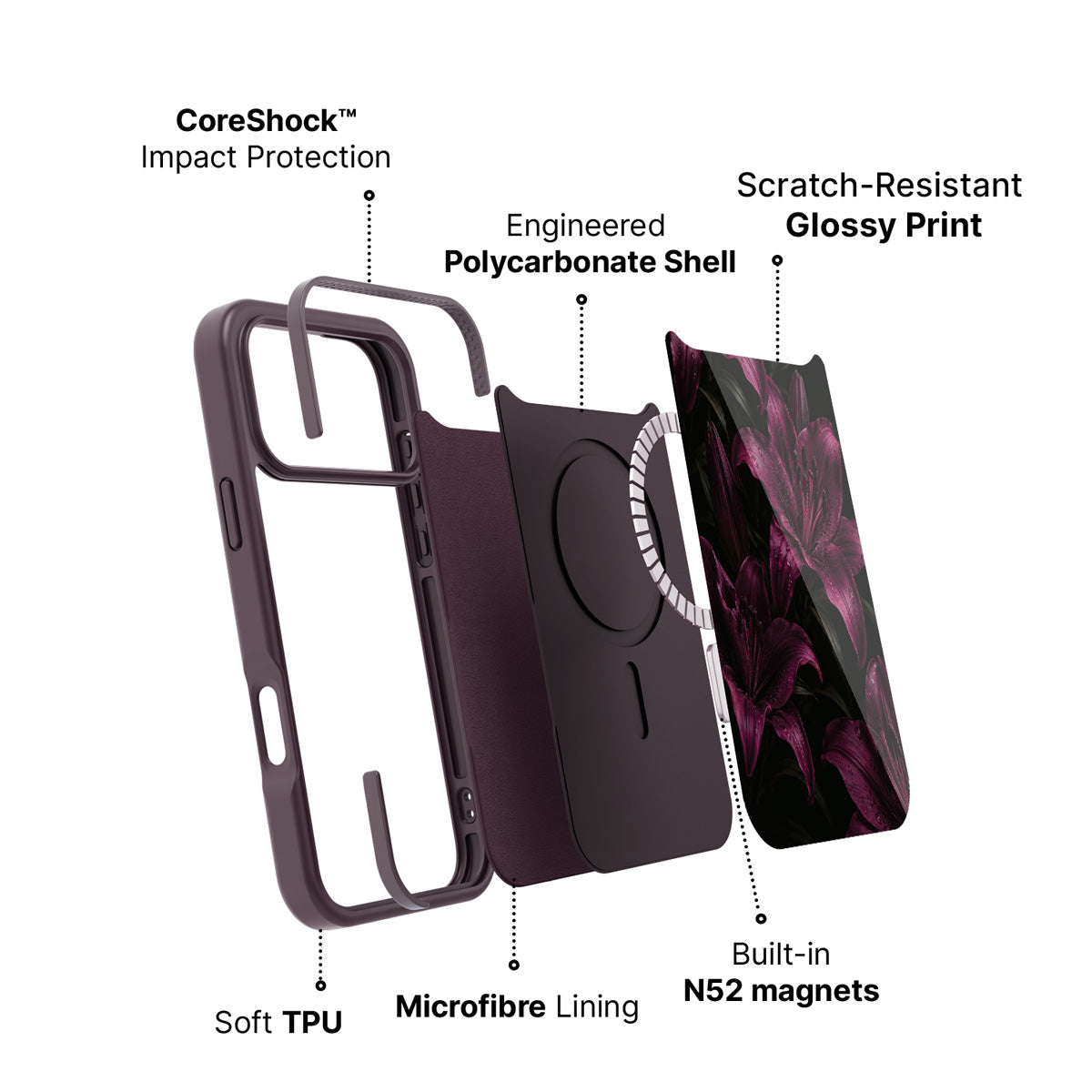 iPhone 18 Pro case construction – Burgundy Lily phone case