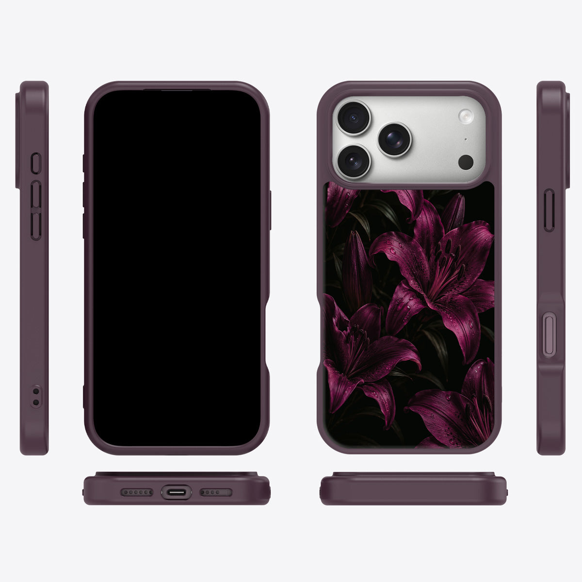 Burgundy Lily iPhone 18 Pro case cover – multi-angle view