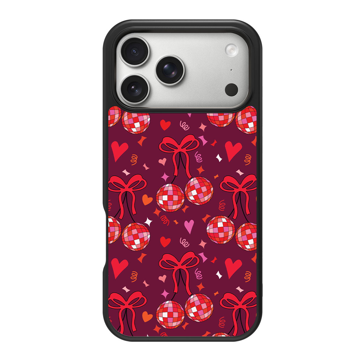 Disco Cherries design back view – iPhone 18 Pro case