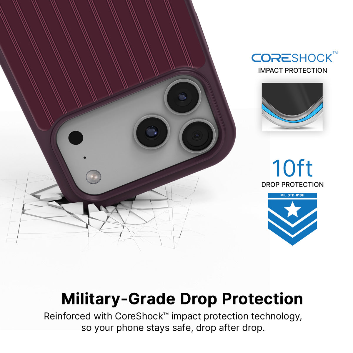 Mulberry Pinstripe iPhone 18 Pro case with drop protection