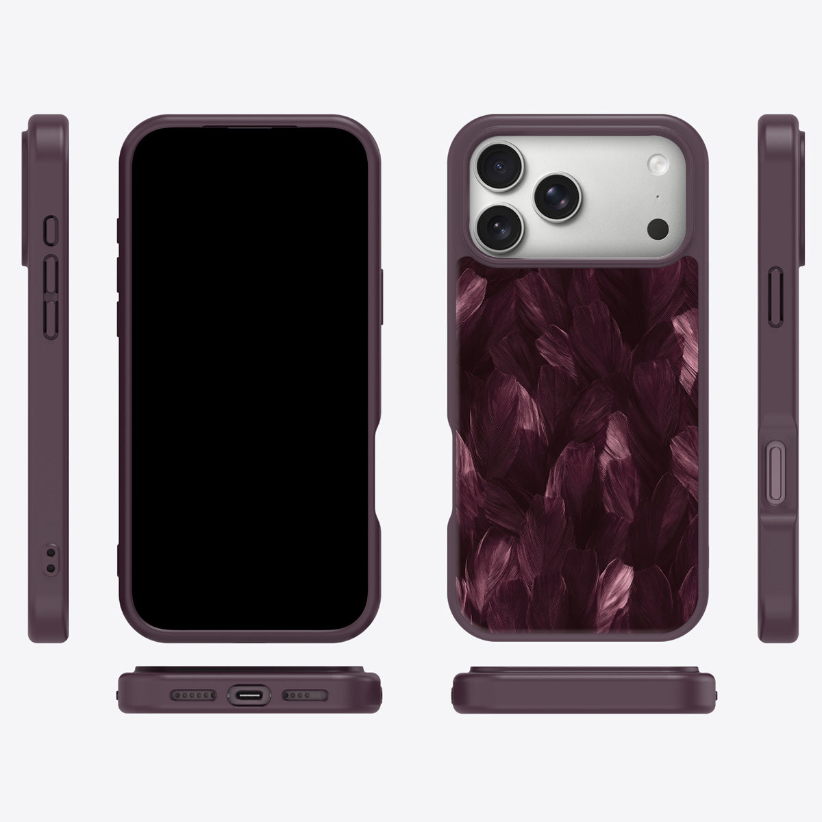 Wine Plumage iPhone 18 Pro Max case cover – multi-angle view