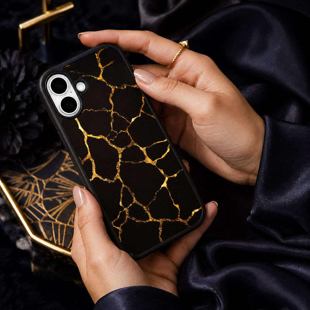 Black Gold Marble Designer iPhone 16 Plus Case – Kintsugi | MagSafe — view 3