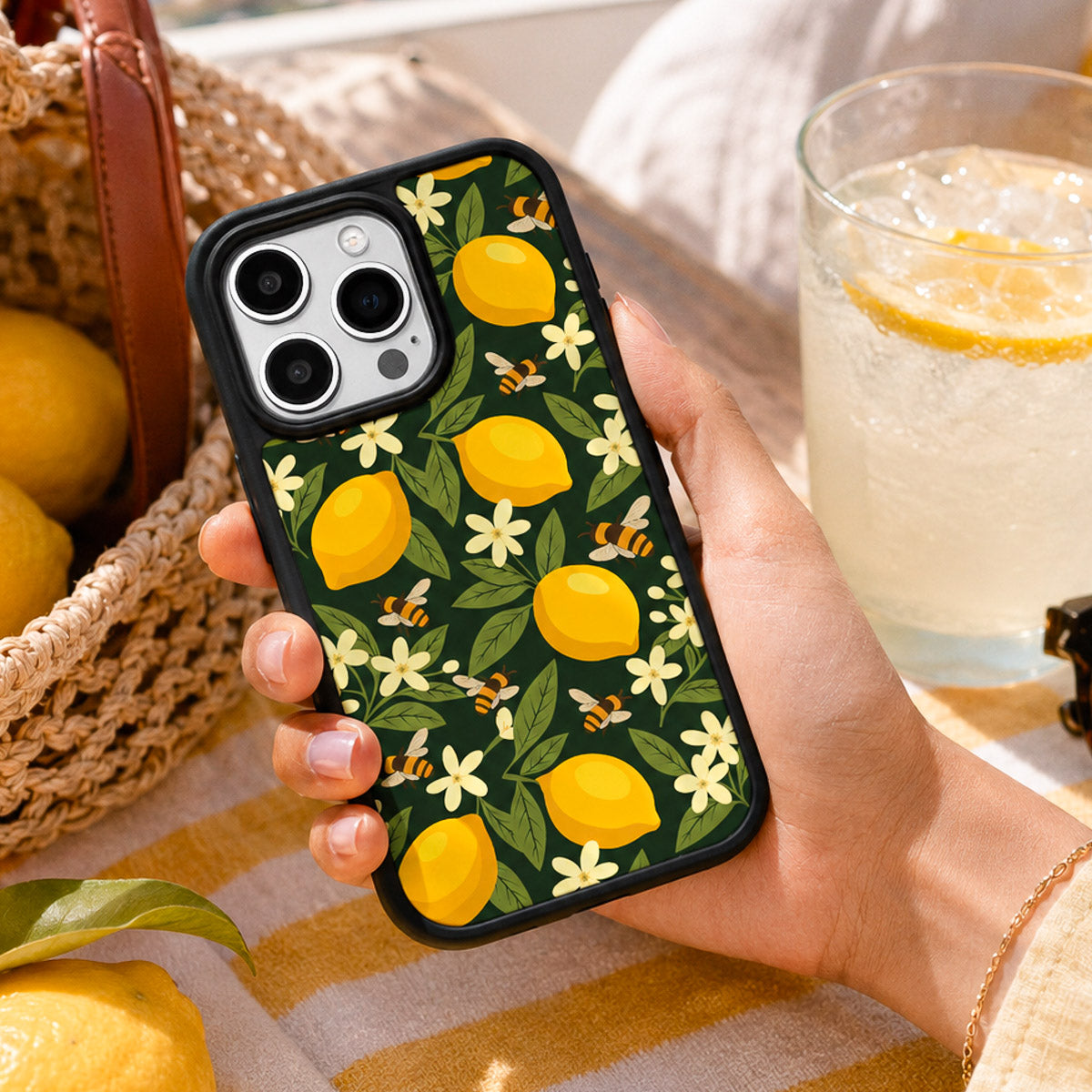Cute Floral Designer iPhone 15 Case – Lemon and Bees | MagSafe — view 2