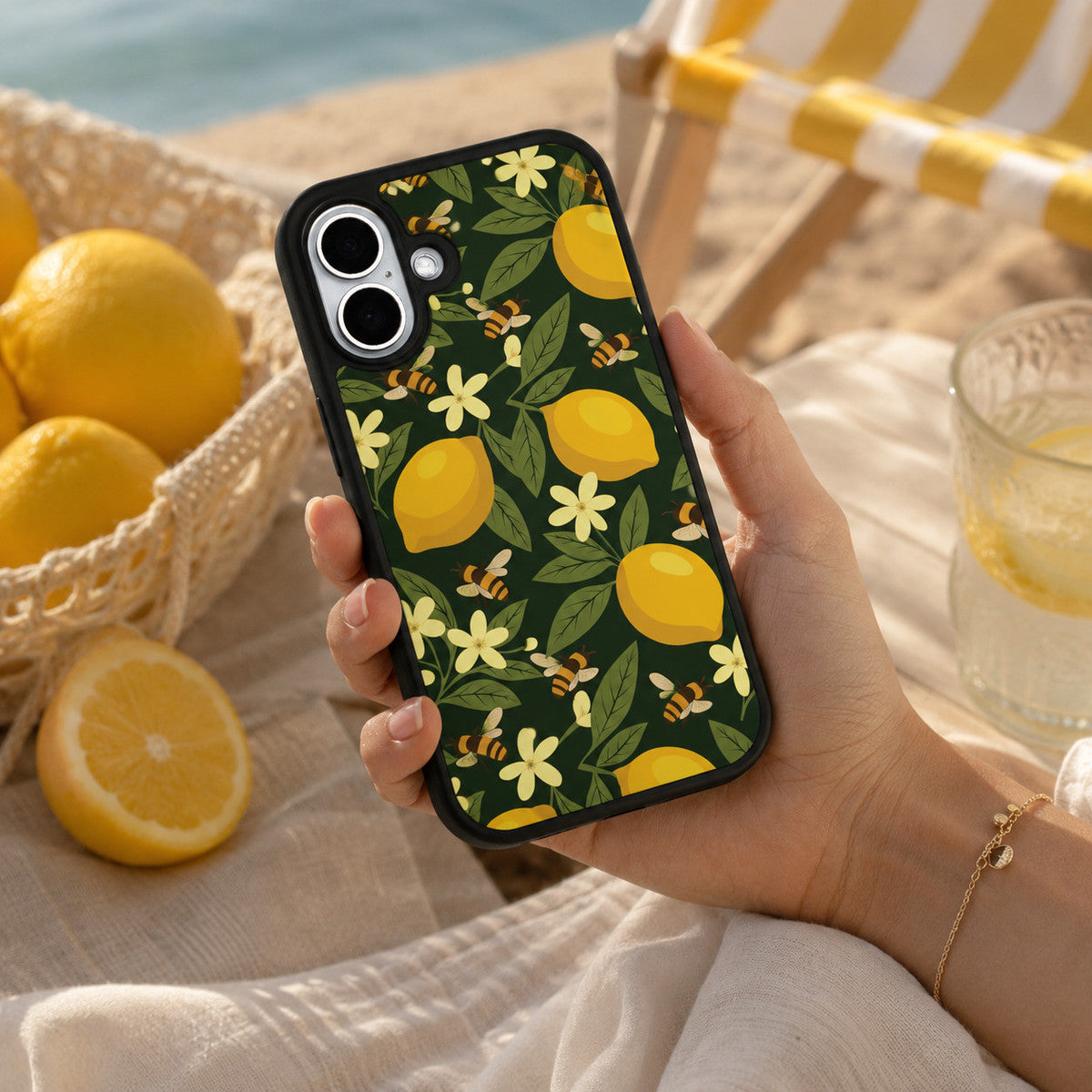 Cute Floral Designer iPhone 16 Plus Case – Lemon and Bees | MagSafe — view 3