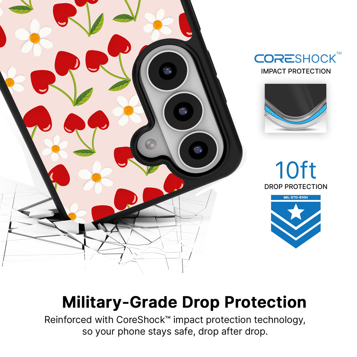 Love Cherry Samsung Galaxy S26 Plus case with 10ft military-grade drop protection