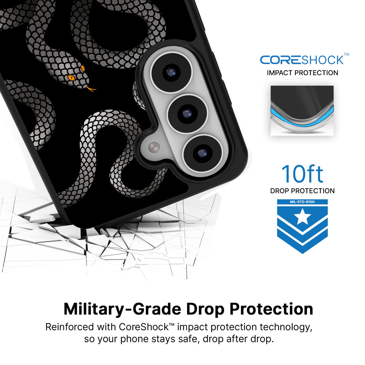 Noir Serpent Samsung Galaxy S26 Plus case with 10ft military-grade drop protection