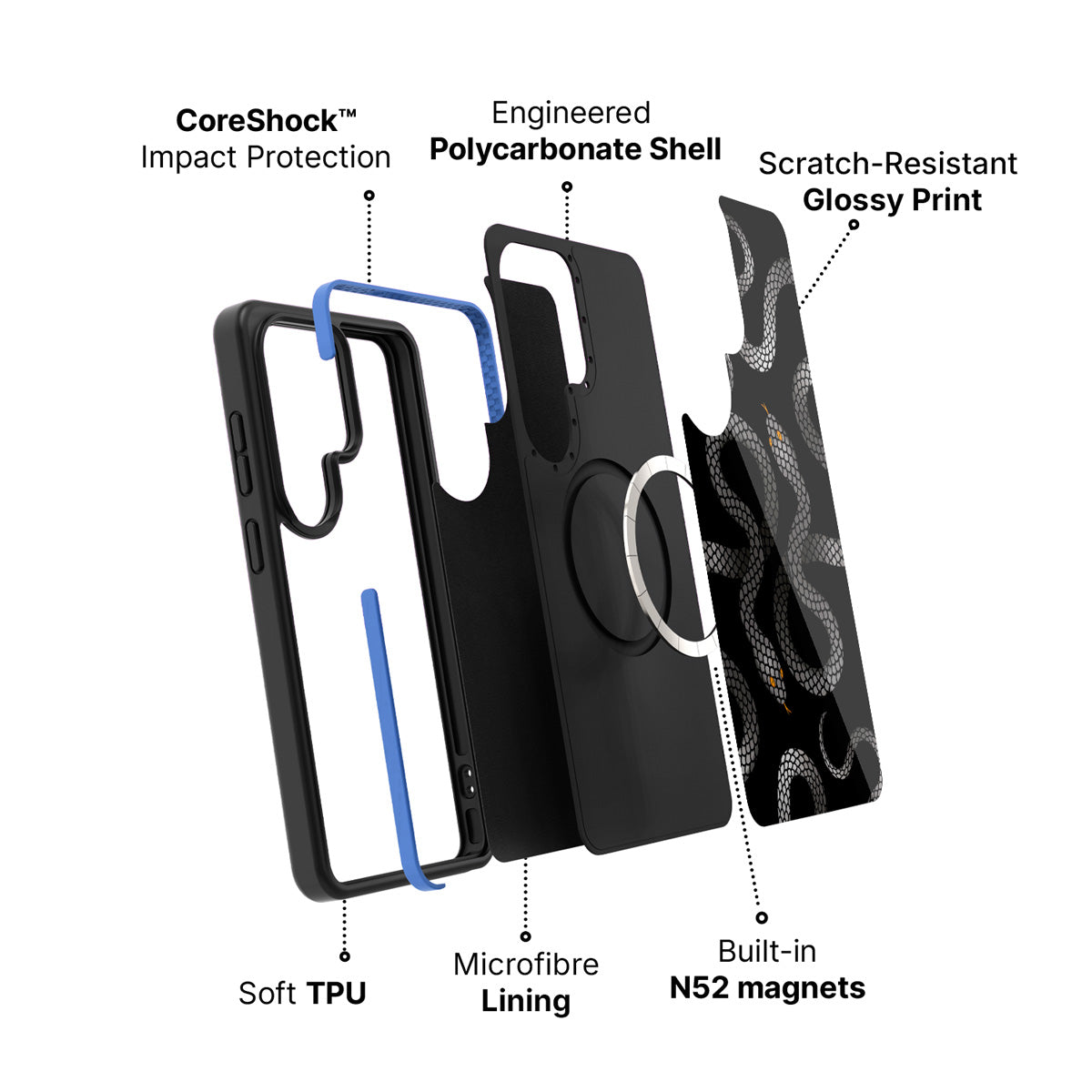 Samsung Galaxy S26 Ultra case construction and features – Noir Serpent phone case