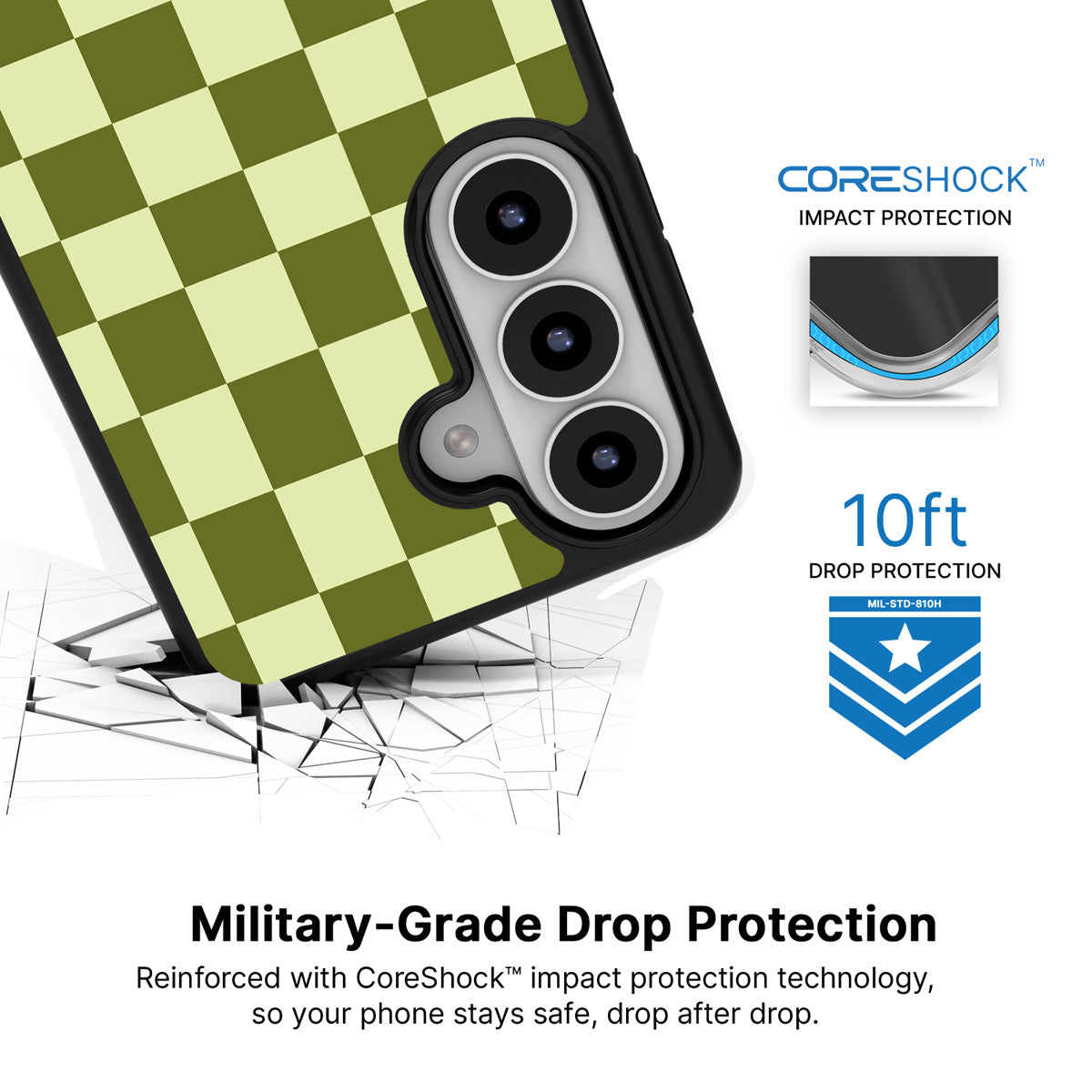 Olive Meadow Samsung Galaxy S26 case with 10ft military-grade drop protection