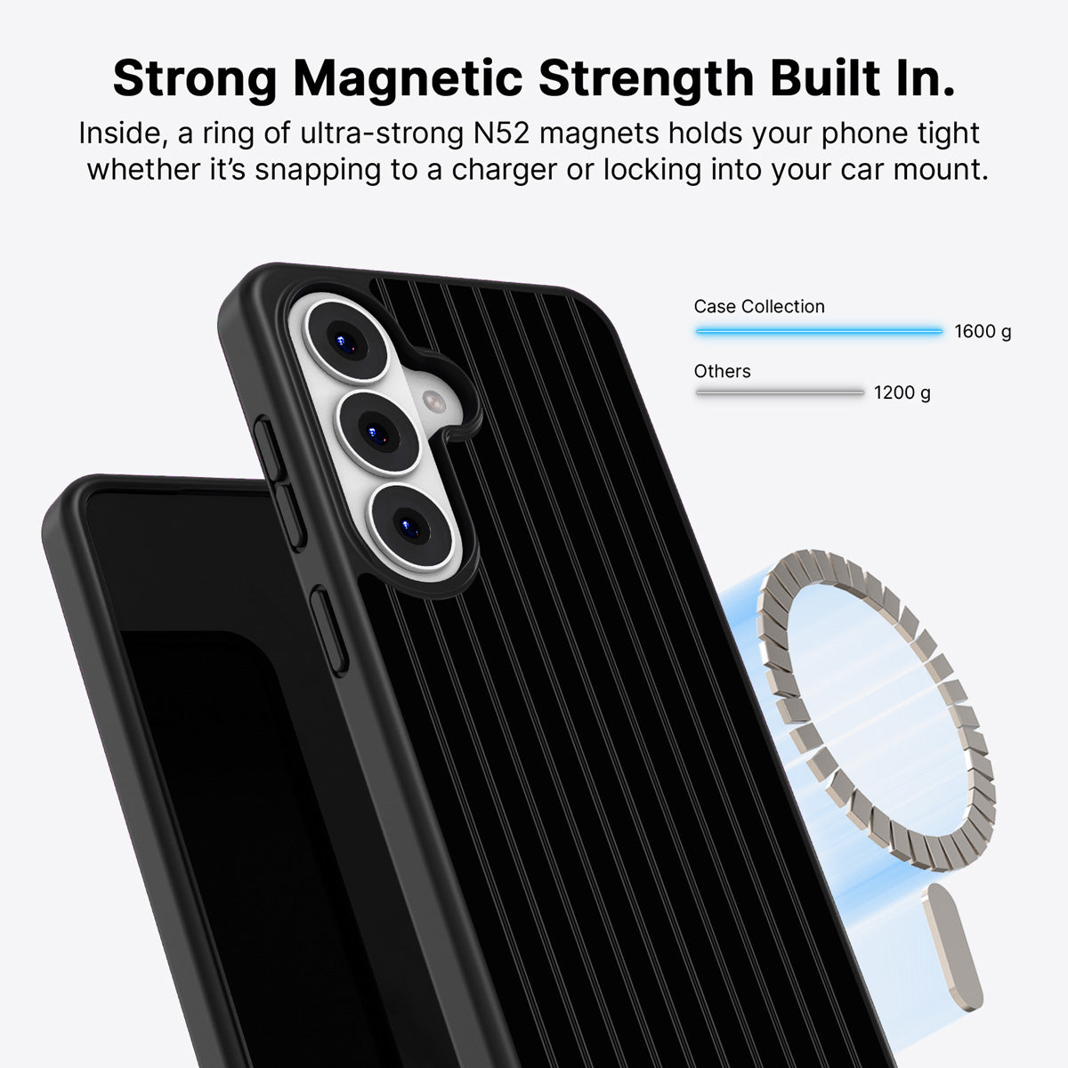 Samsung Galaxy S26 Qi2 magnetic case with N52 magnets – Onyx Pinstripe design