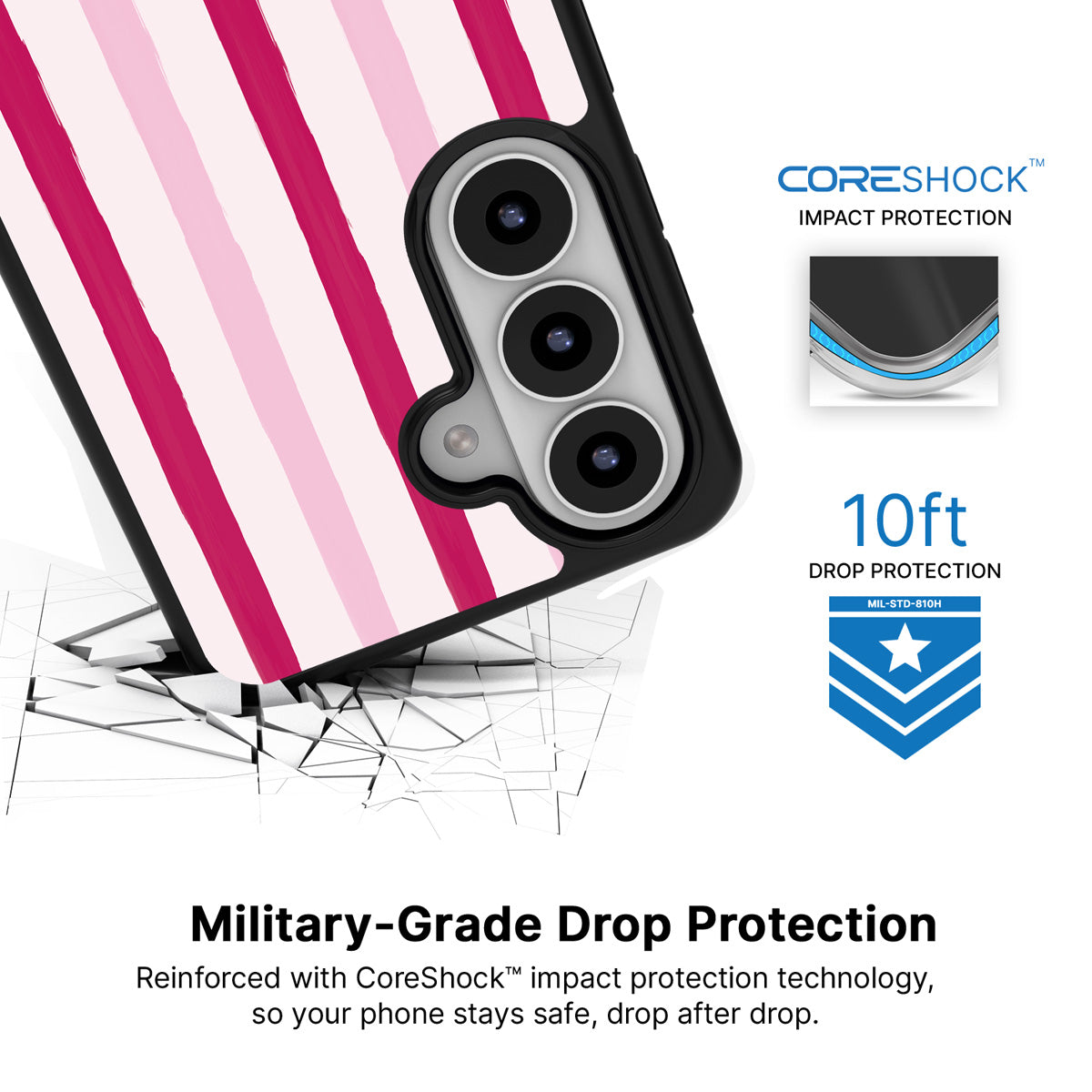 Pink Watercolor Stripes Samsung Galaxy S26 case with 10ft military-grade drop protection