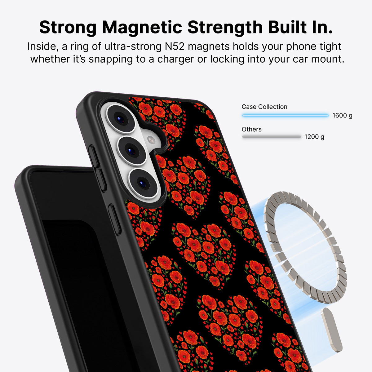 Samsung Galaxy S26 Plus Qi2 magnetic case with N52 magnets – Poppy Heart design