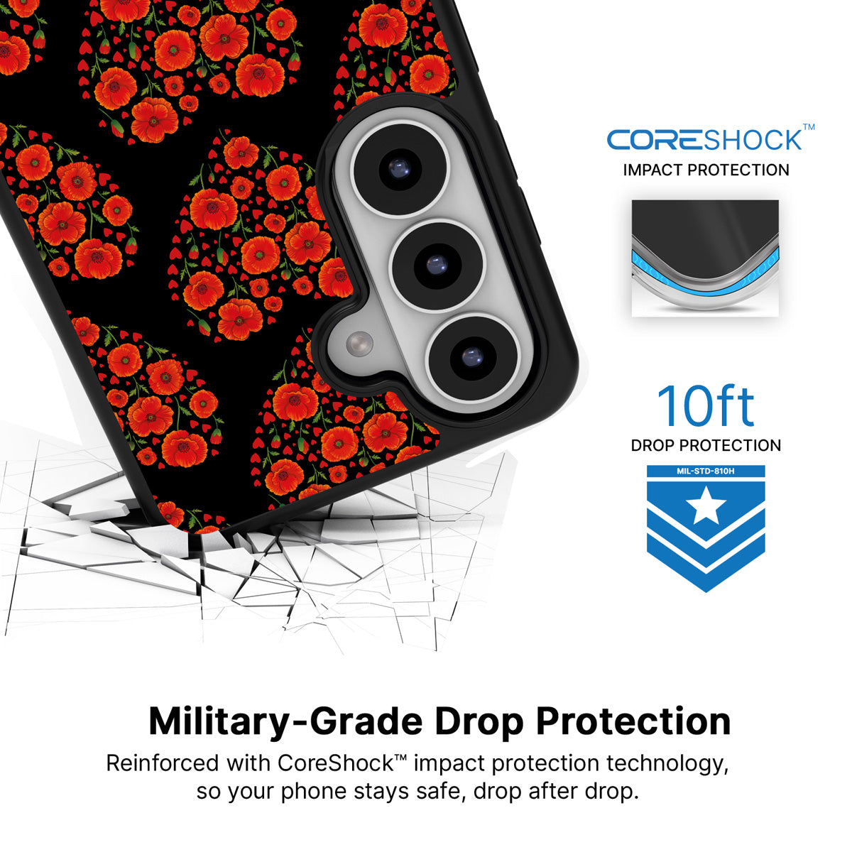 Poppy Heart Samsung Galaxy S26 Plus case with 10ft military-grade drop protection