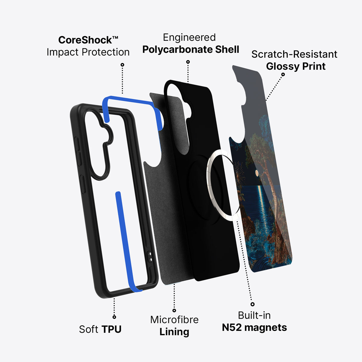 Samsung Galaxy S26 Plus case construction and features – Quiet Moon phone case