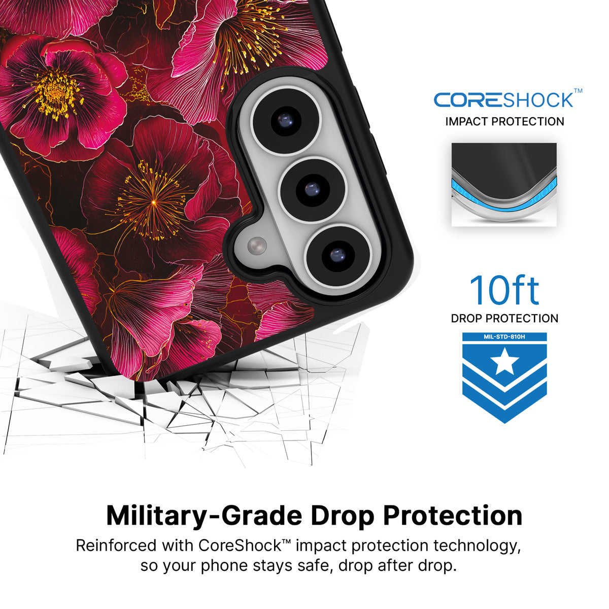 Ruby Flora Samsung Galaxy S26 case with 10ft military-grade drop protection