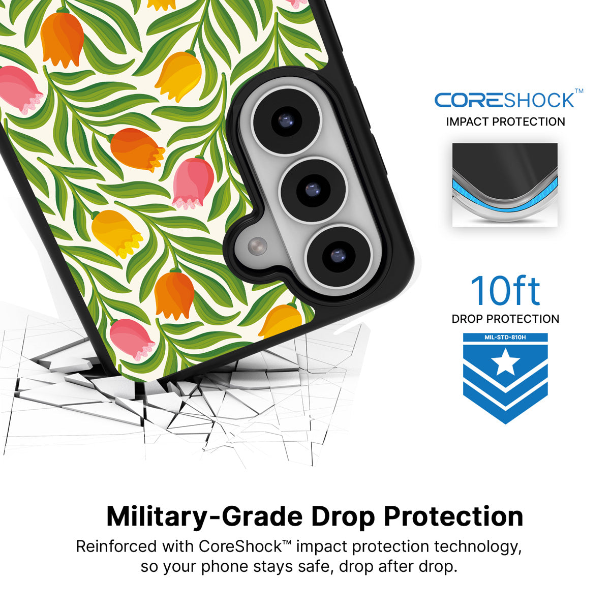 Spring Tulips Samsung Galaxy S26 case with 10ft military-grade drop protection