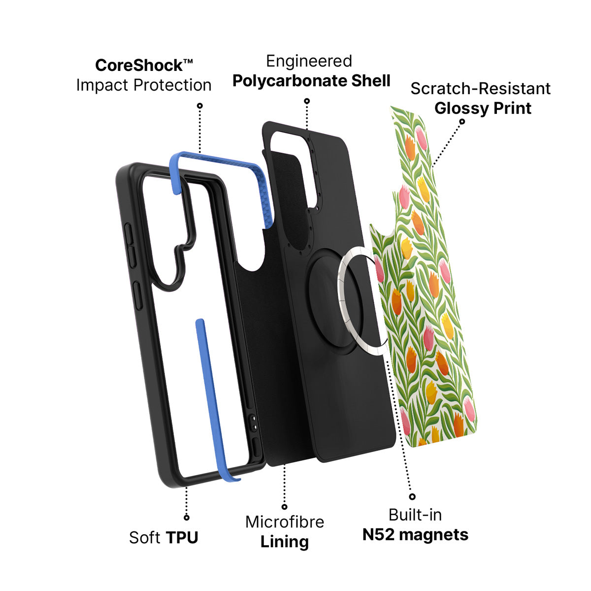 Samsung Galaxy S26 Ultra case construction and features – Spring Tulips phone case