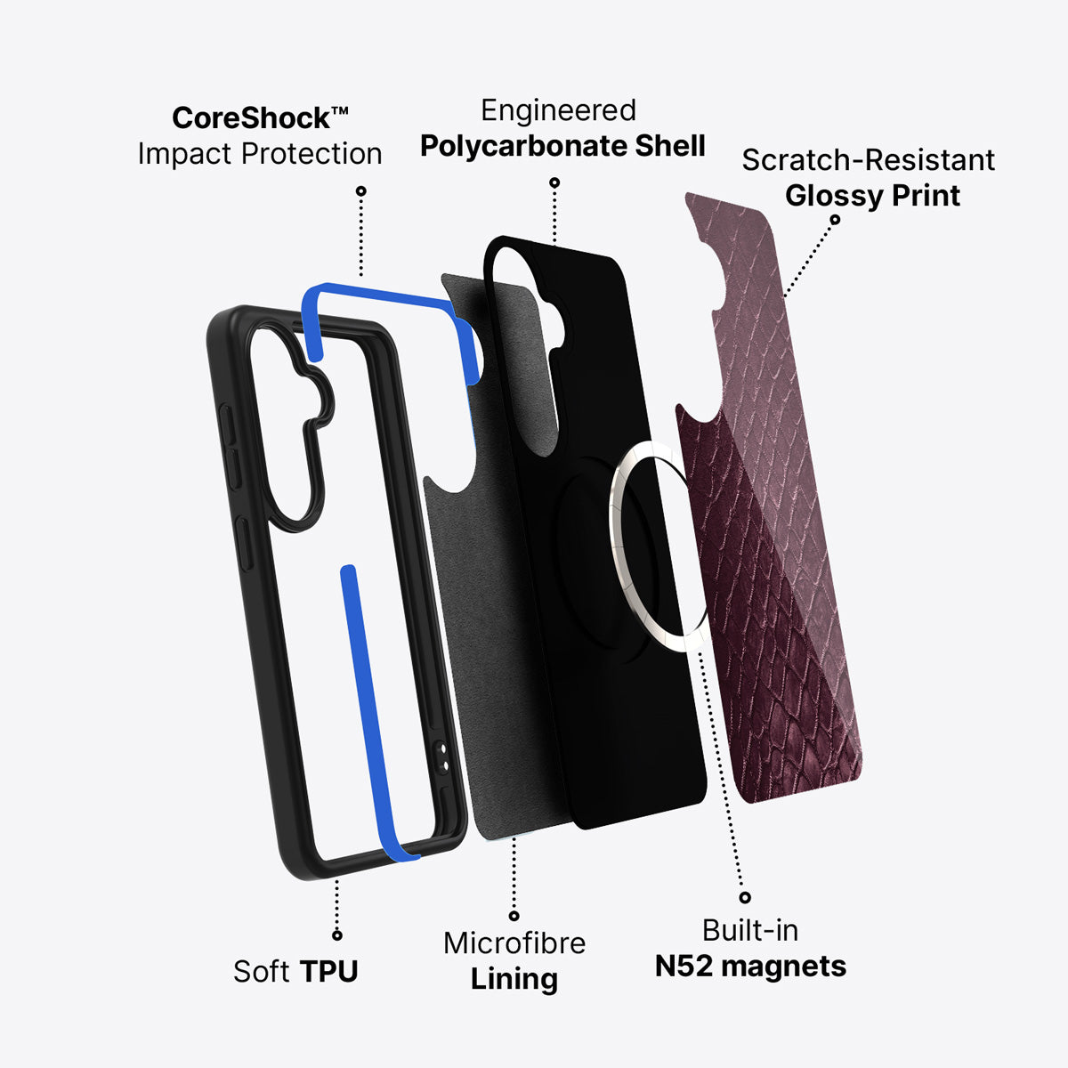 Samsung Galaxy S26 Plus case construction and features – Wine Python phone case
